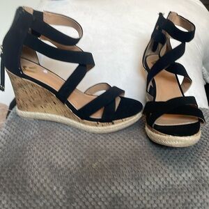Report black strappy wedge heels
